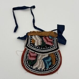 Antique Iroquois Beaded Pouch Floral Raised Beadwork Bag 19th C